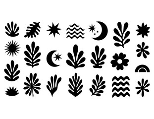 Organic abstract shapes set, natural bohemian elements, minimalist leaf and celestial graphic designs for modern projects