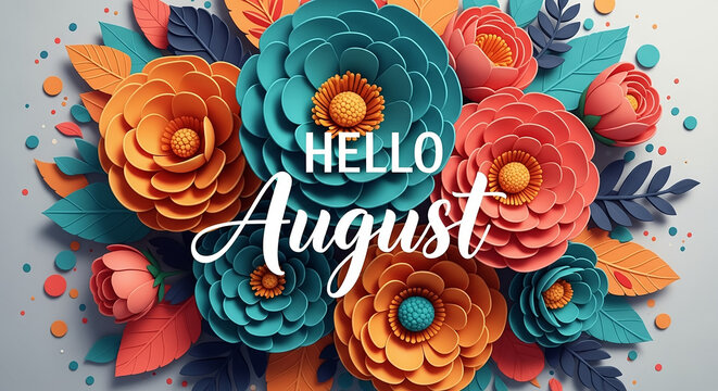 Hello august text surrounded by colorful paper flowers