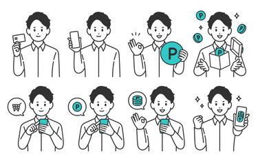 クレジットカードやスマホで買い物をする･ポイントを貯める若い男性のセット【人物ベクターイラスト素材】