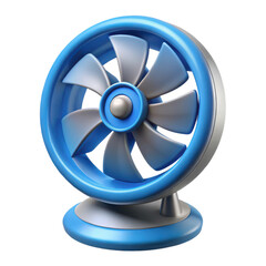 High-quality 3d render of a blue high-velocity electric fan with silver blades transparent background