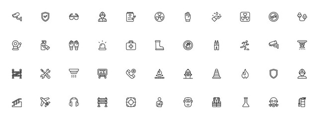 Job Safety icon set. Vector safety symbols collectio. Includes worker, radiatin, fire, gloves, helmet, frst aid, mask, protection nd more. Editable stroke.