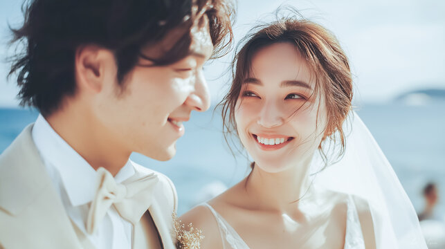Happy Asian couple smiling each other on sunny beach wedding day with blue ocean - Powered by Adobe