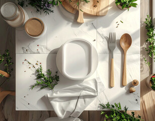 Elegant kitchen scene features fresh herbs and wooden utensils on bright marble surface, perfect for healthy lifestyle blogs or modern cooking content