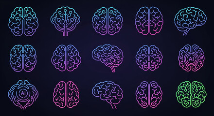 Artificial intelligence brain technology concept line gradient icons