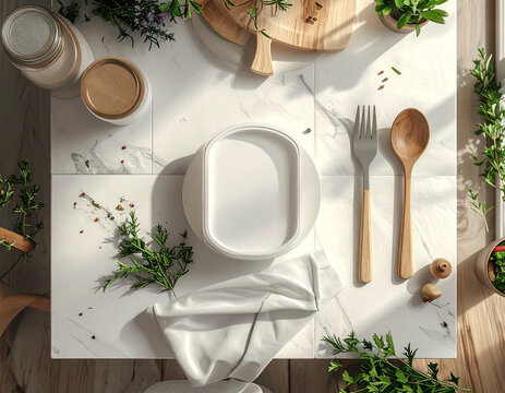 Elegant kitchen scene features fresh herbs and wooden utensils on bright marble surface, perfect for healthy lifestyle blogs or modern cooking content