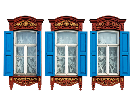 Three ornate, colorful, open, wooden windows with blue shutters against a black backdrop showcase intricate carvings