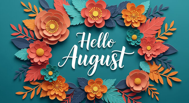 Hello august lettering with paper flower wreath design