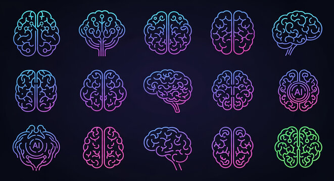 Artificial intelligence brain technology concept line gradient icons