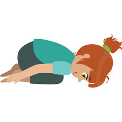 Young woman in teal shirt and dark shorts in a yoga pose on a white background with red hair in a ponytail