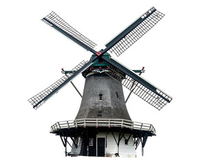 Traditional windmill against a black background, with four blades and white base. Isolated