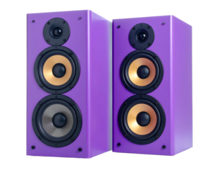 Two bright violet speaker boxes with three driver holes angled on a black background for optimal sound delivery