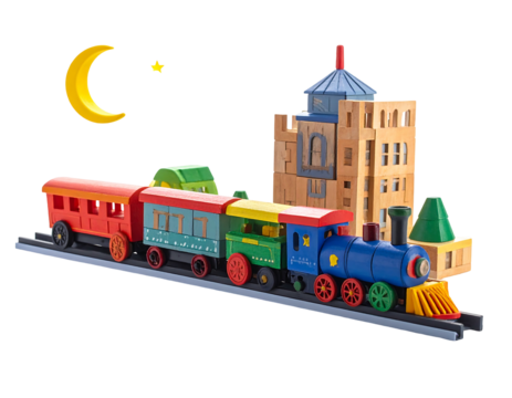 Toy train and tower of wooden blocks on black, crescent moon and star above; childhood imagination