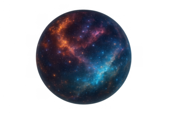 Planet-like sphere presenting vibrant nebulae and twinkling stars in cosmic space. Transparent background