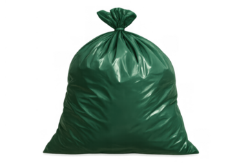 Large green plastic garbage bag full of waste, tied at the top, standing upright on a transparent background for easy use