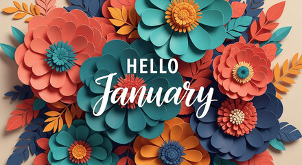 Hello january message with colorful paper flowers artwork