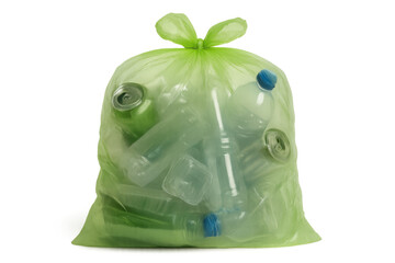 Green trash bag holding plastic bottles and aluminum cans, portraying household recycling and waste management