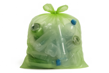 Green trash bag holding plastic bottles and aluminum cans, portraying household recycling and waste management