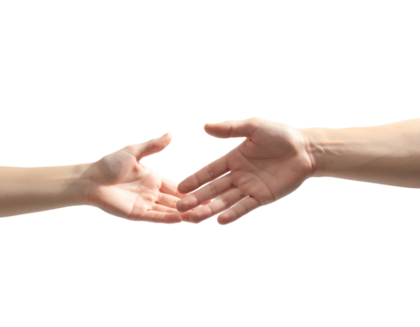Two hands reaching, almost touching, against a stark black backdrop. Close-up of skin and hand detail