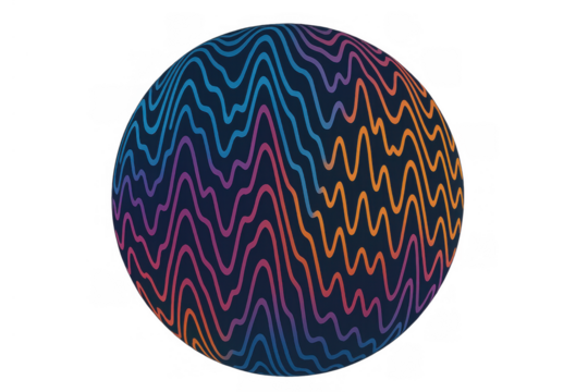 Abstract sphere with colorful waving lines creating a modern data visualization pattern, on a transparent background
