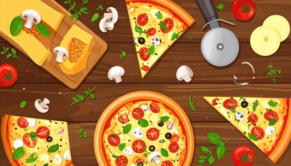 Vector top view illustration on wooden background with pizza slices, cutter, vegetables, greenery, salad.