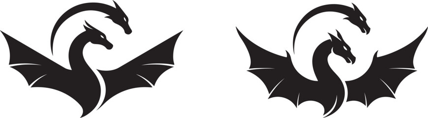 Mythical Twin Dragon Silhouette Art with Curved Necks and Wings