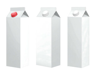 Three plain white, rectangular carton boxes with different colored caps in red and white