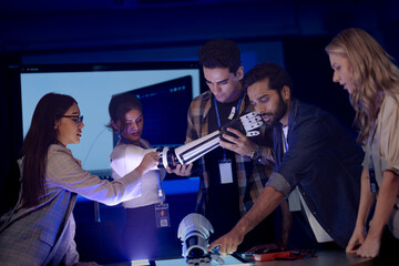 A diverse tech team collaborates on a robotic arm prototype in a dark lab. A Caucasian man holds the arm while his Indian male and female colleagues inspect the components.