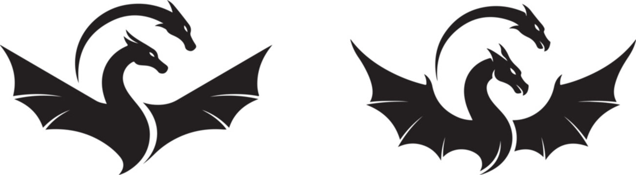 Mythical Twin Dragon Silhouette Art with Curved Necks and Wings
