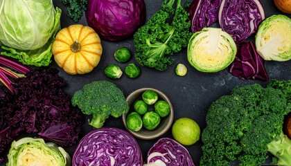 Winter vegetables high in antioxidants, minerals and vitamins: greens, broccoli, brussels sprouts, red cabbage and kale. Flat lay. Garden food concept