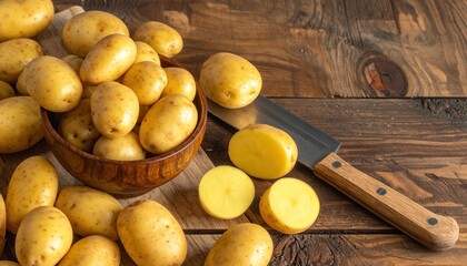 Young potatoes. Raw potatoes and knife on a wooden background.Peel potatoes.Harvesting collection. organic, freshly dug potatoes. Agricultural background.