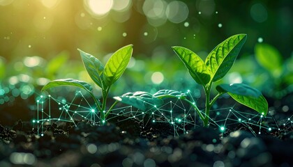 Young plant with cyber display of technological smart farming 4.0-Smart Farming and Agriculture Innovation Concept.