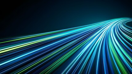 The image displays an abstract composition of vividly colored light trails, with hues of blue, green, and white streaking across the frame against a dark background.