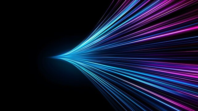 A mesmerizing abstract image showcasing long, thin streams of light glowing intensely in shades of blue with hints of purple and magenta against an expansive dark backdrop.