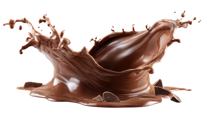 The image shows a splash of liquid chocolate captured in motion. The rich, glossy brown chocolate appears to be swirling and splattering, creating a dynamic and appetizing visual effect. It conveys a 