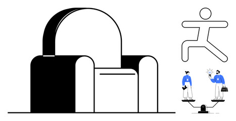 Abstract chair and leaping figure beside team balancing on scales with light bulb idea. Ideal for innovation, design, teamwork, balance, collaboration, creativity, and minimal art concepts. Bold flat