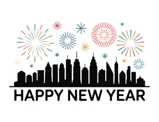 Happy New Year celebration with fireworks and city skyline