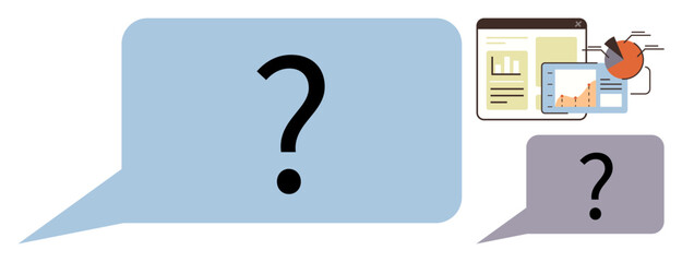 Speech bubbles with question marks alongside analytics, charts, and data tools. Ideal for problem solving, data analysis, communication, brainstorming, inquiry learning teamwork. Simple flat