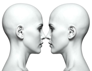 Two identical, pale, bald female heads facing each other against a stark black background in a symmetrical composition