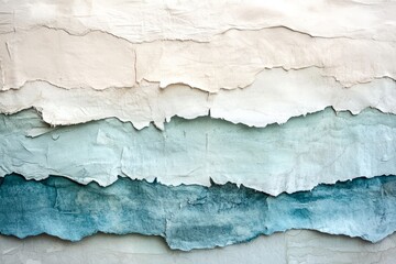 Obraz premium Layered, textured paper strips in muted tones of cream, blue, and gray create a serene and artistic backdrop.