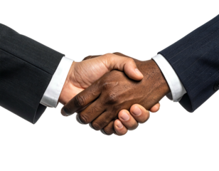 Two business hands, light and dark skin, clasp in agreement. Black background shows only the hands and suit sleeves