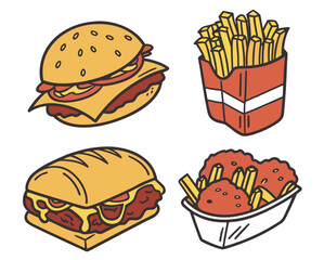 Illustration of a burger, fries, and other fast food items