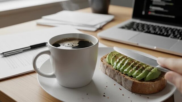 A steaming coffee cup sits beside avocado toast, papers, and a laptop on a wooden desk