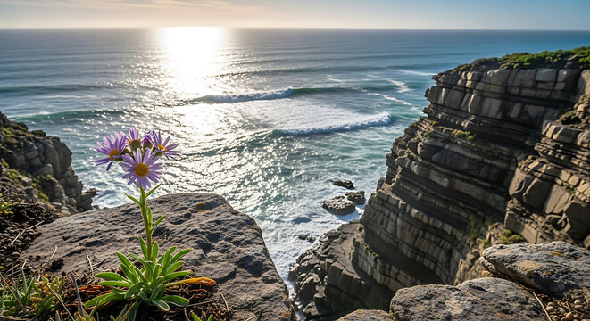 Single wildflower growing near rocky cliff overlooking blue ocean under sunlight natural coastal scenery