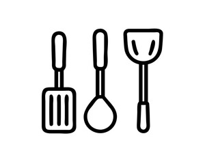 Three kitchen utensils, including spatula and ladle