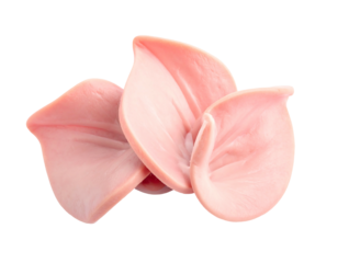 Three raw pig ears, curled and overlapping, isolated on a black background. Smooth pink surface with slight curves