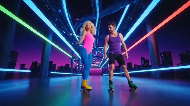 Two people on roller skates, brightly lit against a cityscape backdrop. Neon lights. 80s aesthetics