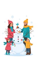 Family building a snowman in winter