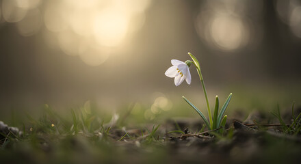 Delicate Snowdrop Flower in Soft Sunlight.