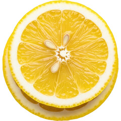 Bright yellow lemon slice with visible pulp and seeds, showcasing its fresh citrus detail