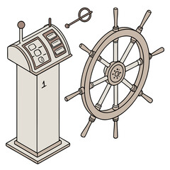 Illustration of a ships helm, engine order telegraph, and morse key © Mahdi